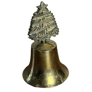 VTG Solid Brass Christmas‎ Bell w/ Tree & Star Etched Detailed Handle 4.25" T75